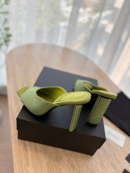 LOUIS VUITTON HIGH HEEL BLONDE MULE 10 CM IN OLIVE GREEN SATIN WITH RHINESTONES