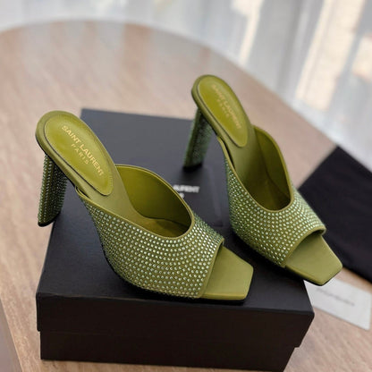 LOUIS VUITTON HIGH HEEL BLONDE MULE 10 CM IN OLIVE GREEN SATIN WITH RHINESTONES