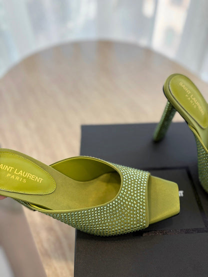 LOUIS VUITTON HIGH HEEL BLONDE MULE 10 CM IN OLIVE GREEN SATIN WITH RHINESTONES
