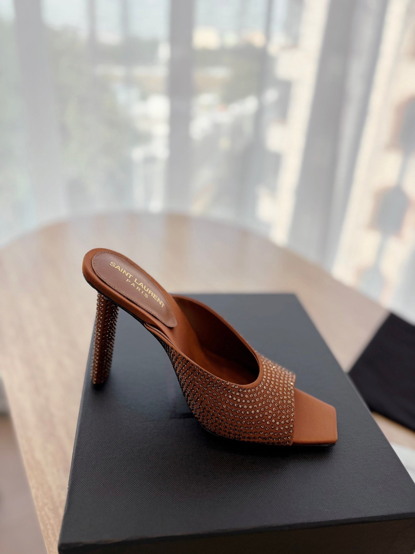LOUIS VUITTON HIGH HEEL BLONDE MULE 10 CM IN BRONZE BROWN SATIN WITH RHINESTONES