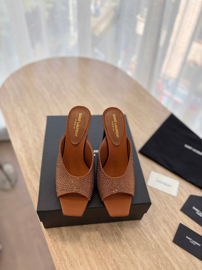 LOUIS VUITTON HIGH HEEL BLONDE MULE 10 CM IN BRONZE BROWN SATIN WITH RHINESTONES