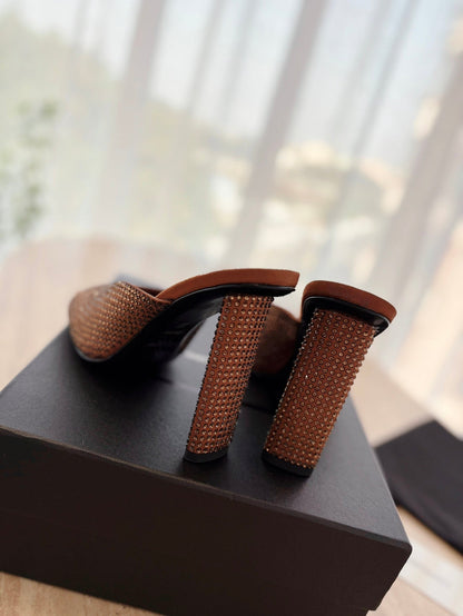 LOUIS VUITTON HIGH HEEL BLONDE MULE 10 CM IN BRONZE BROWN SATIN WITH RHINESTONES