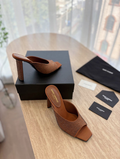 LOUIS VUITTON HIGH HEEL BLONDE MULE 10 CM IN BRONZE BROWN SATIN WITH RHINESTONES