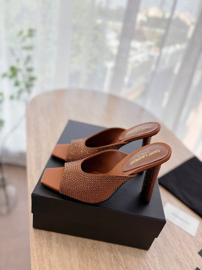 LOUIS VUITTON HIGH HEEL BLONDE MULE 10 CM IN BRONZE BROWN SATIN WITH RHINESTONES