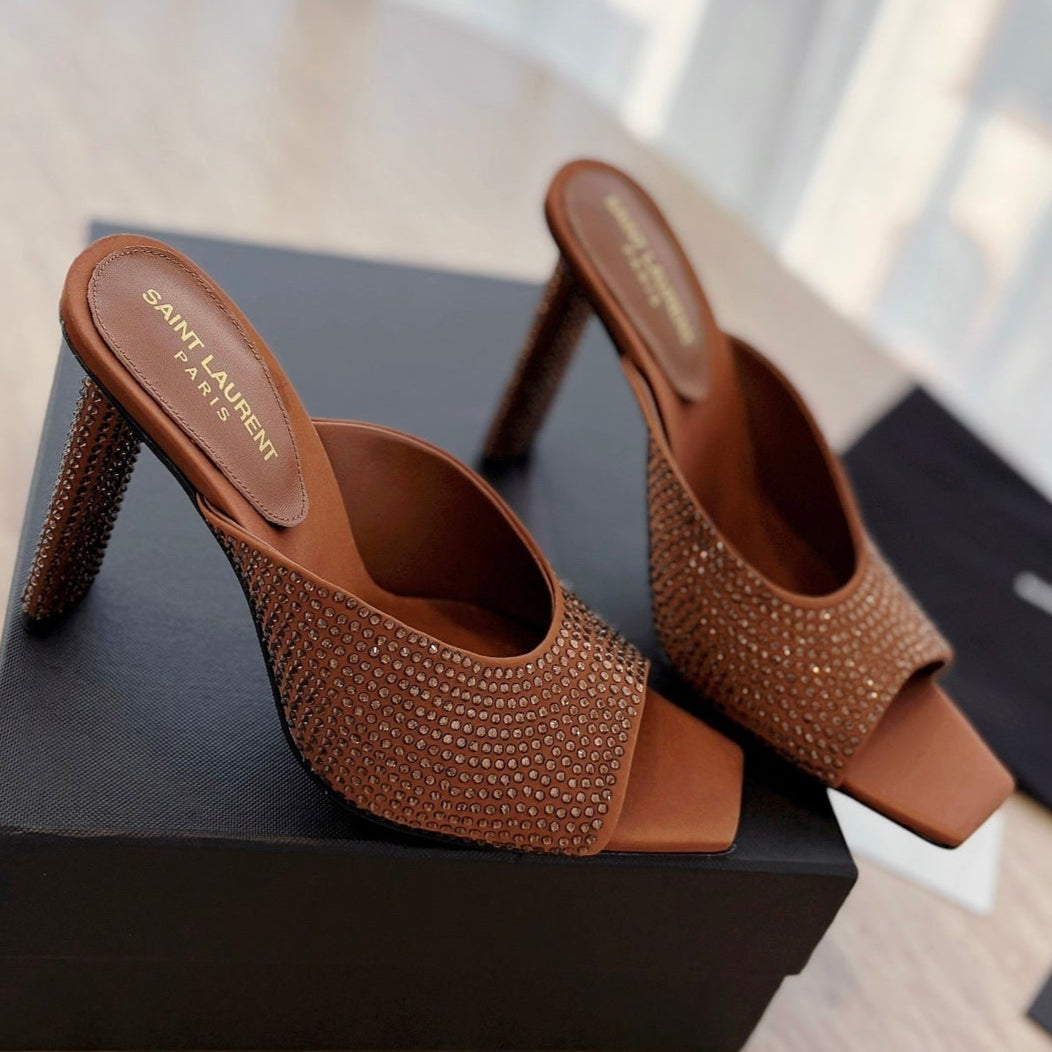 LOUIS VUITTON HIGH HEEL BLONDE MULE 10 CM IN BRONZE BROWN SATIN WITH RHINESTONES