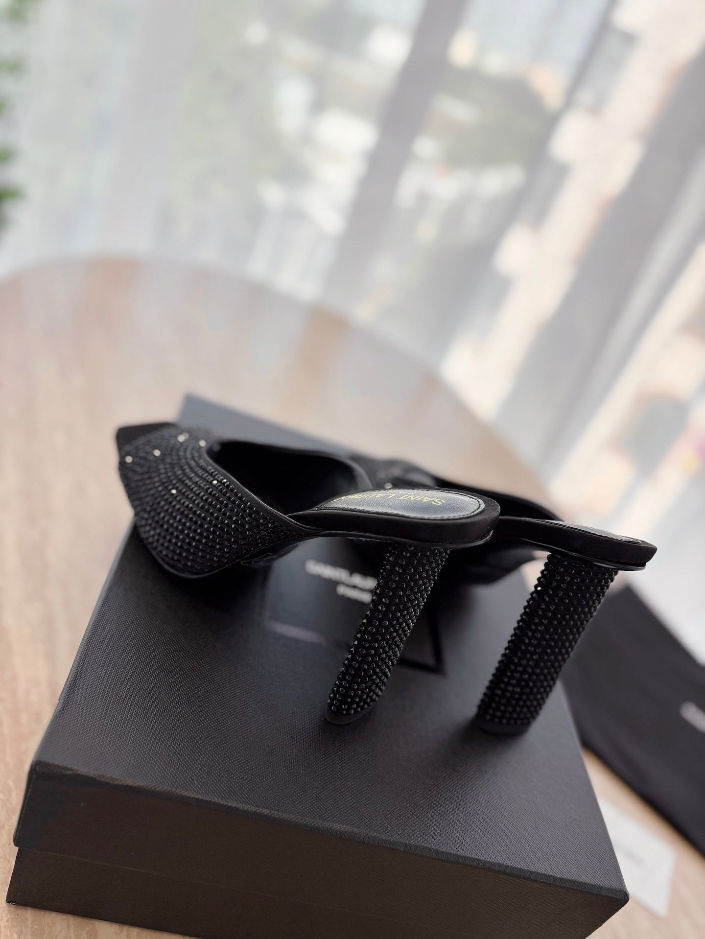 LOUIS VUITTON HIGH HEEL BLONDE MULE 10 CM IN BLACK SATIN WITH RHINESTONES