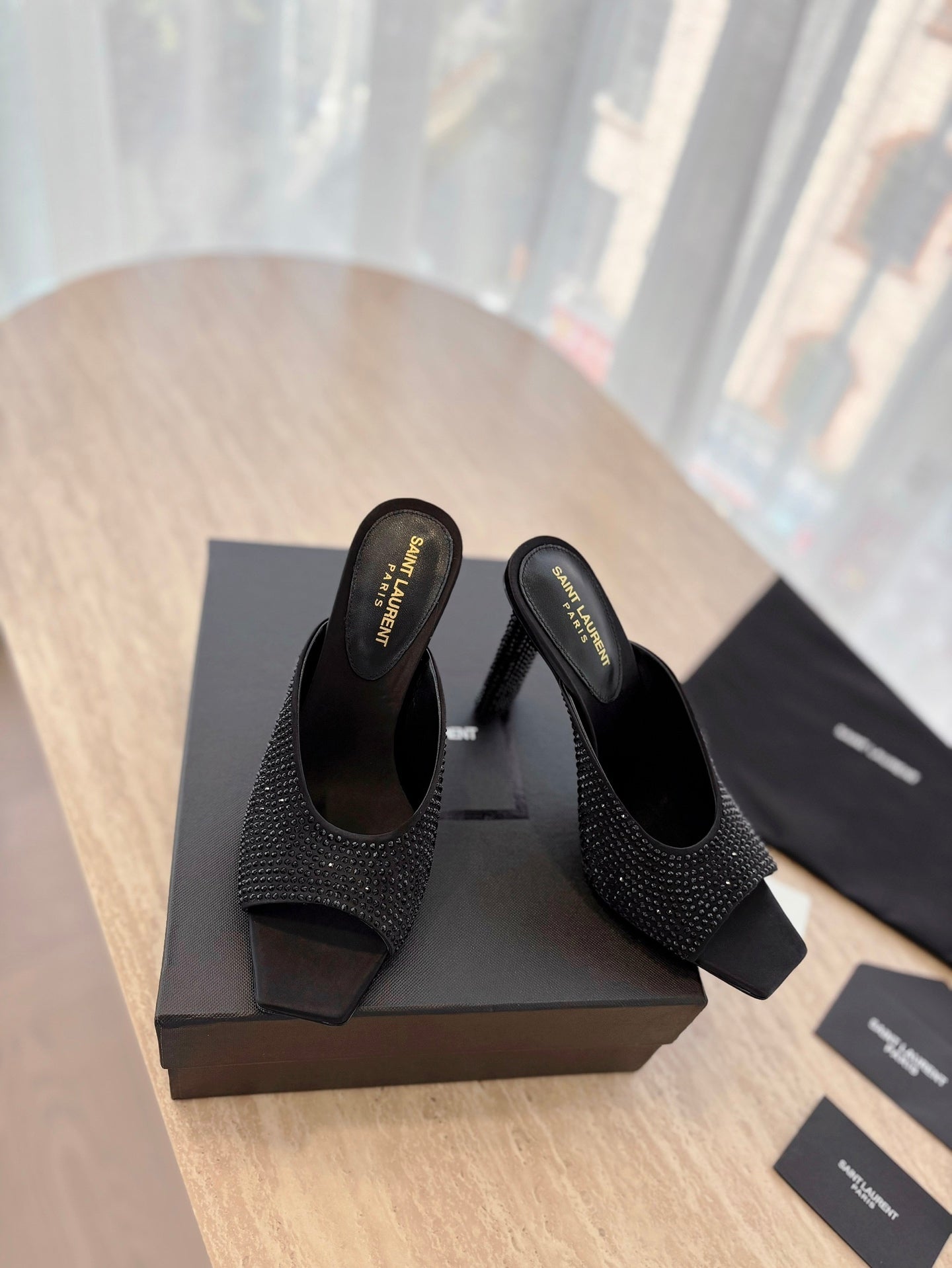 LOUIS VUITTON HIGH HEEL BLONDE MULE 10 CM IN BLACK SATIN WITH RHINESTONES