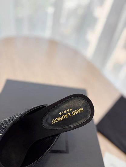 LOUIS VUITTON HIGH HEEL BLONDE MULE 10 CM IN BLACK SATIN WITH RHINESTONES