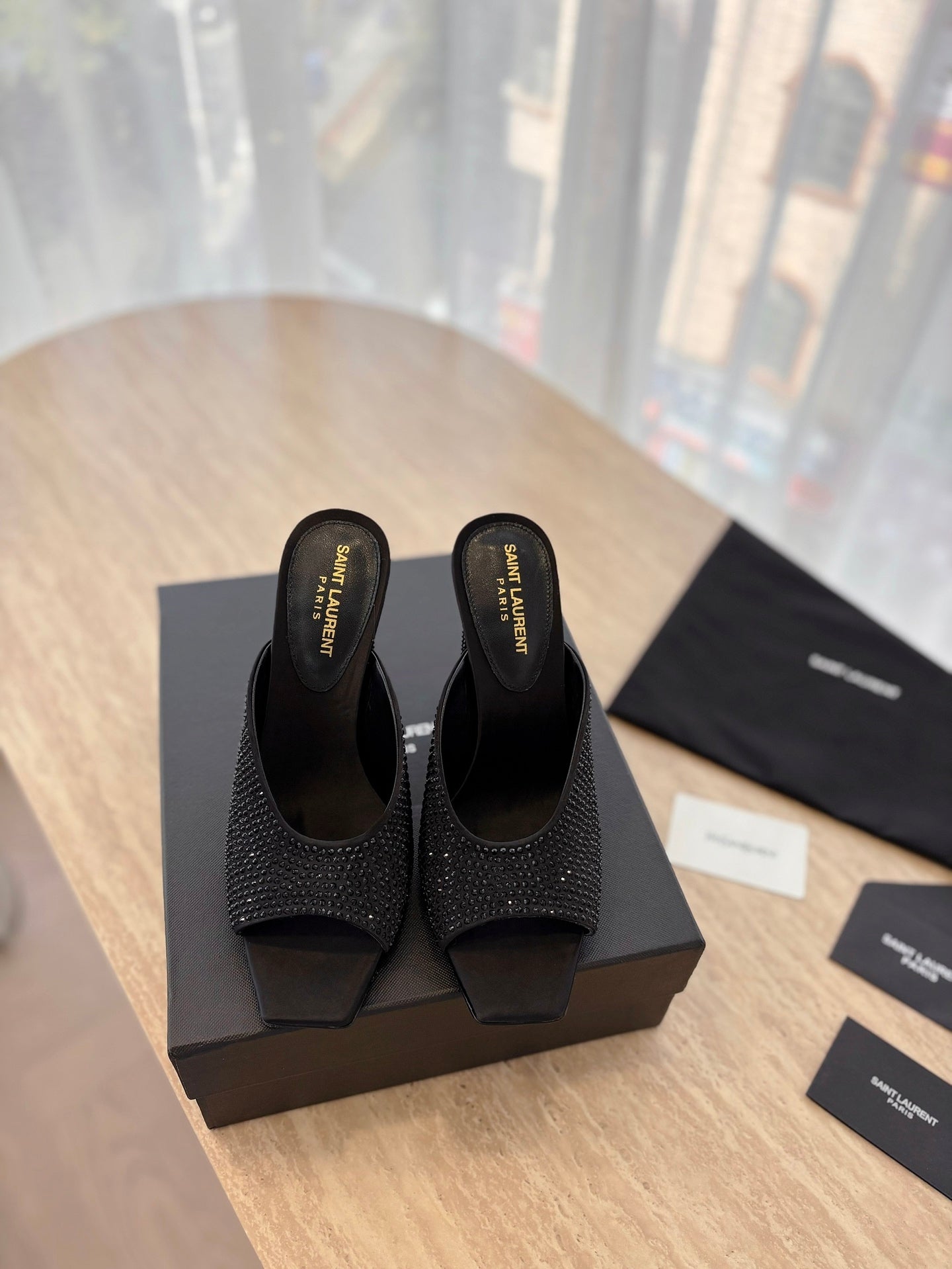 LOUIS VUITTON HIGH HEEL BLONDE MULE 10 CM IN BLACK SATIN WITH RHINESTONES