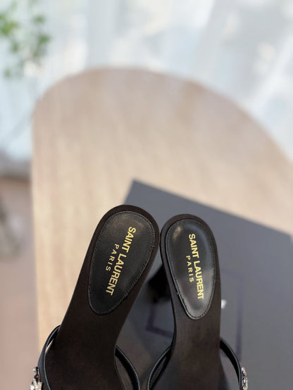 LOUIS VUITTON RAV HIGH HEEL 10 CM EMBELLISHED BLACK SATIN MULES