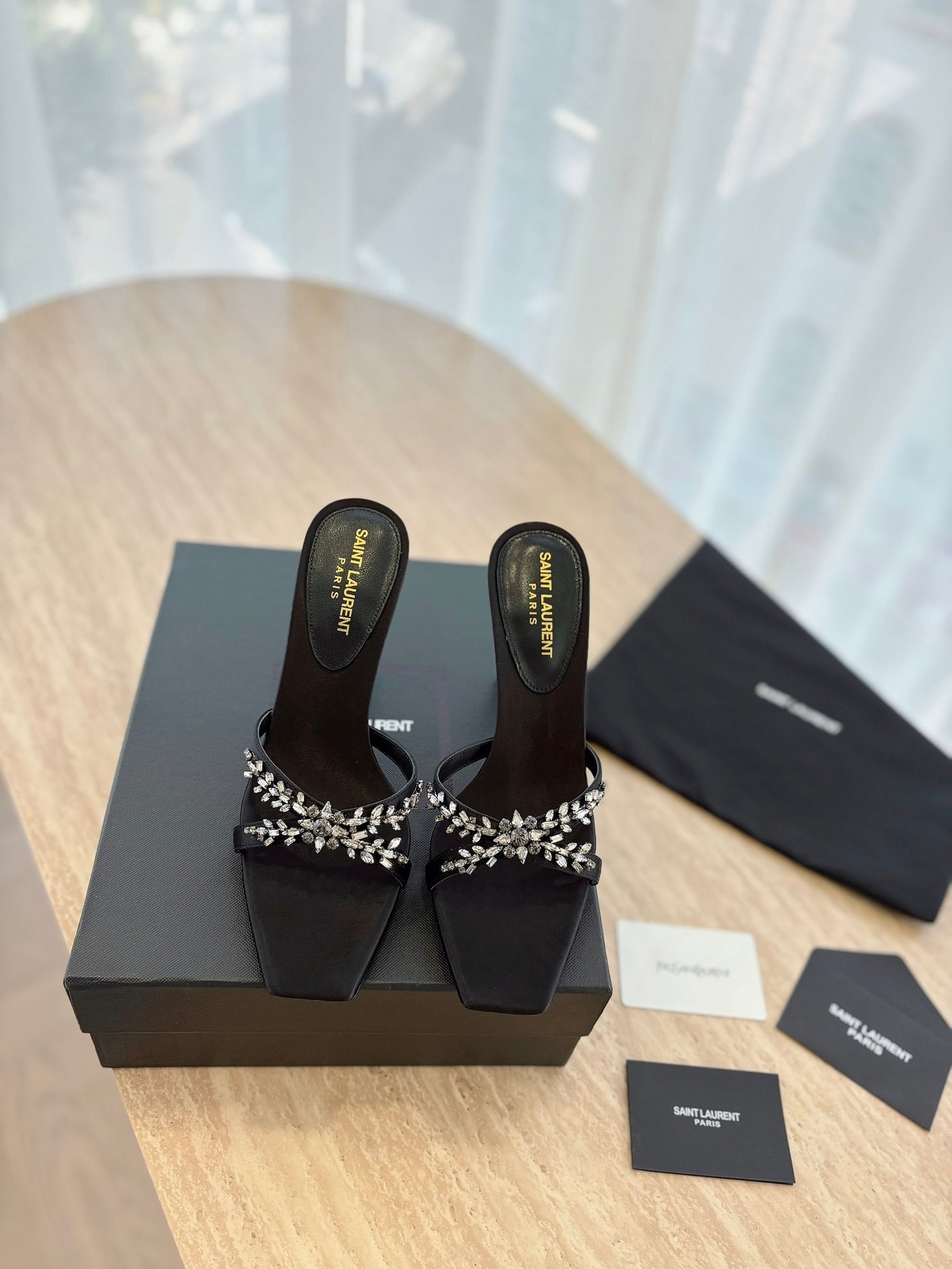 LOUIS VUITTON RAV HIGH HEEL 10 CM EMBELLISHED BLACK SATIN MULES