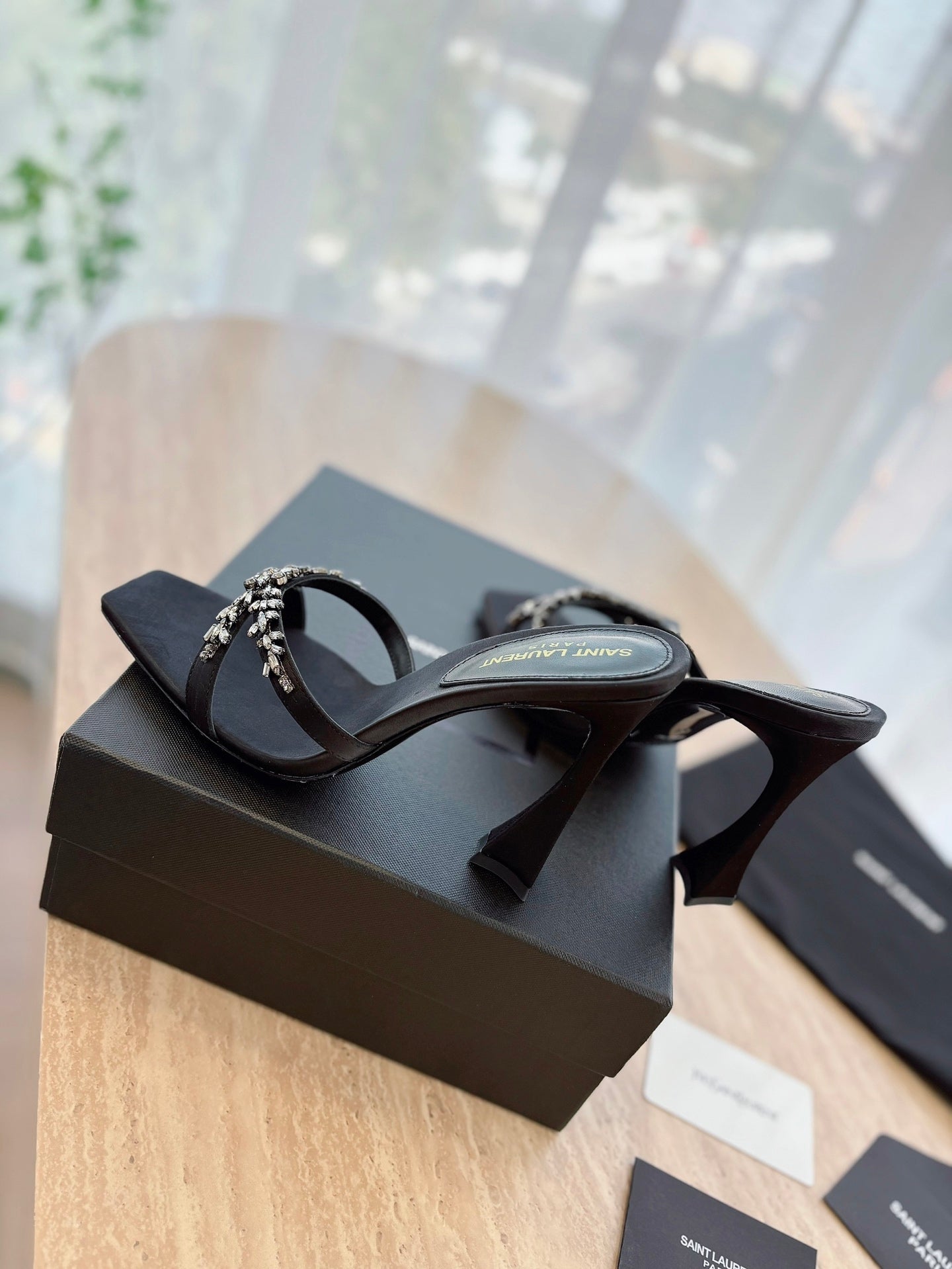 LOUIS VUITTON RAV HIGH HEEL 10 CM EMBELLISHED BLACK SATIN MULES
