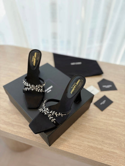 LOUIS VUITTON RAV HIGH HEEL 10 CM EMBELLISHED BLACK SATIN MULES