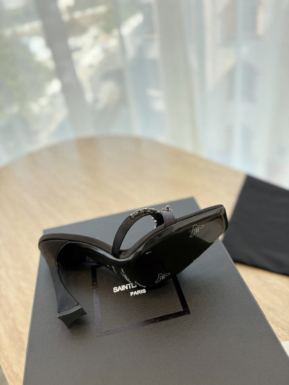 LOUIS VUITTON RAV HIGH HEEL 10 CM EMBELLISHED BLACK SATIN MULES