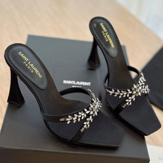 LOUIS VUITTON RAV HIGH HEEL 10 CM EMBELLISHED BLACK SATIN MULES