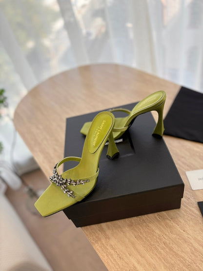 LOUIS VUITTON RAV HIGH HEEL 10 CM EMBELLISHED OLIVE GREEN SATIN MULES