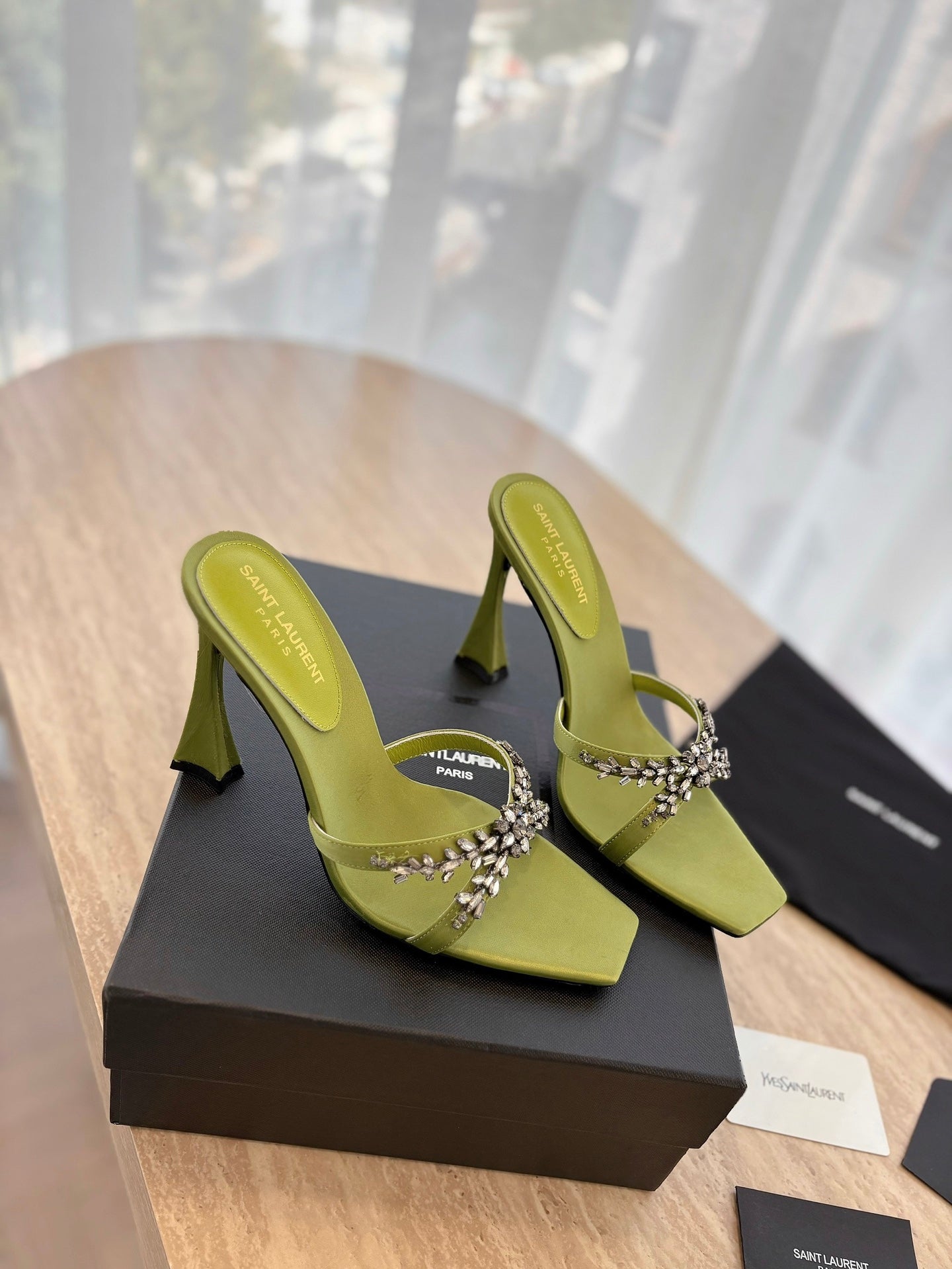 LOUIS VUITTON RAV HIGH HEEL 10 CM EMBELLISHED OLIVE GREEN SATIN MULES