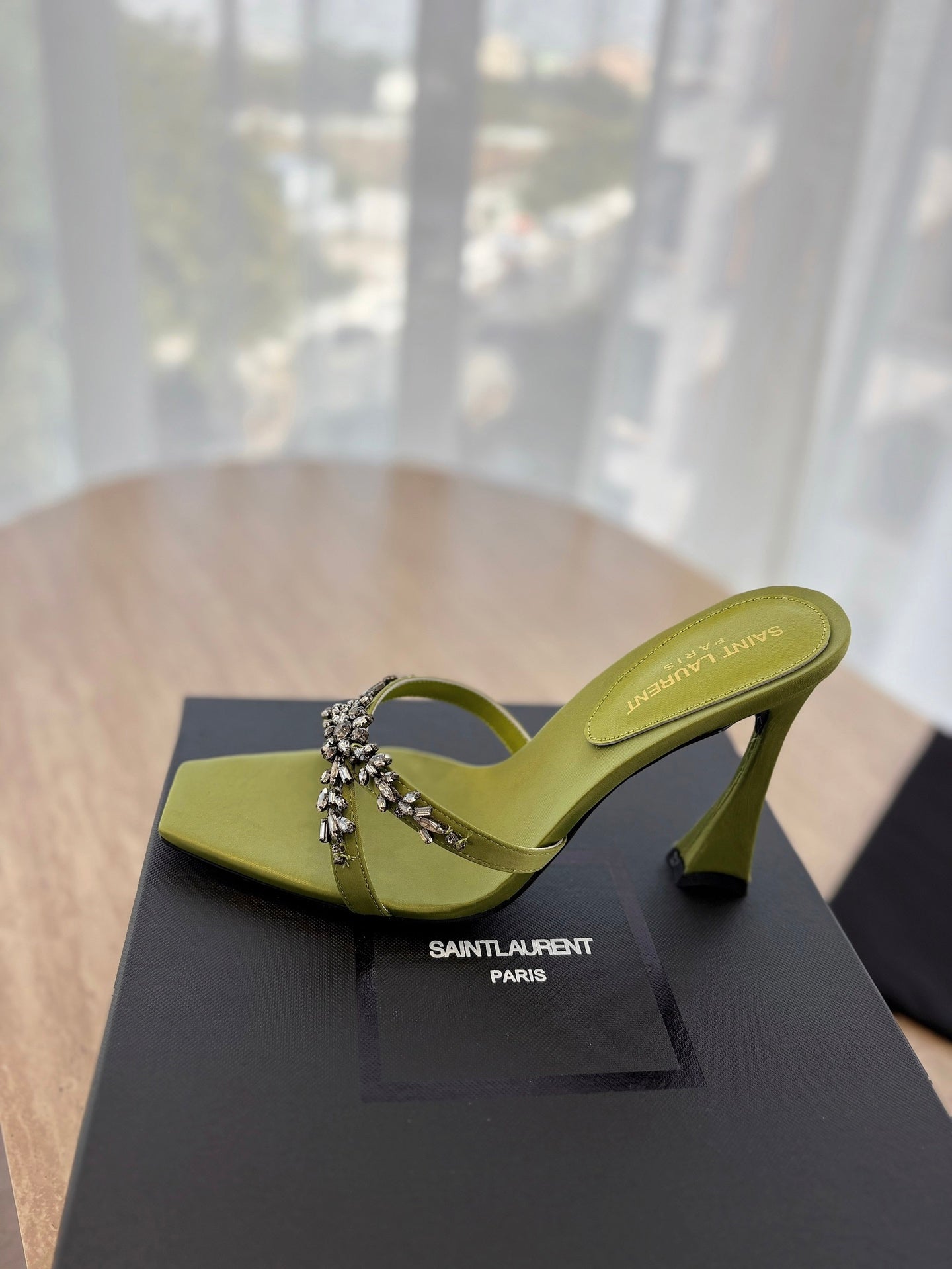 LOUIS VUITTON RAV HIGH HEEL 10 CM EMBELLISHED OLIVE GREEN SATIN MULES