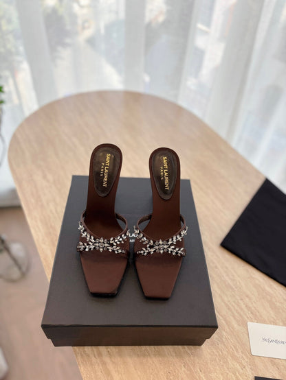 LOUIS VUITTON RAV HIGH HEEL 10 CM EMBELLISHED CHOCOLATE BROWN SATIN MULES
