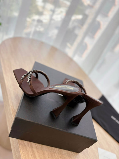 LOUIS VUITTON RAV HIGH HEEL 10 CM EMBELLISHED CHOCOLATE BROWN SATIN MULES