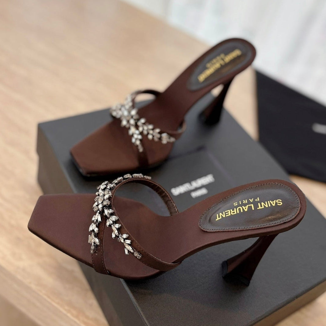 LOUIS VUITTON RAV HIGH HEEL 10 CM EMBELLISHED CHOCOLATE BROWN SATIN MULES