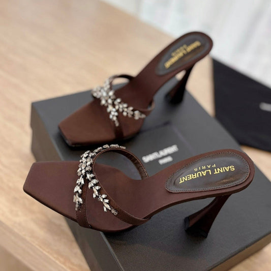 LOUIS VUITTON RAV HIGH HEEL 10 CM EMBELLISHED CHOCOLATE BROWN SATIN MULES