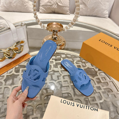 LOUIS VUITTON ISOLA FLAT SLIDE IN CORNFLOWER BLUE CALFSKIN