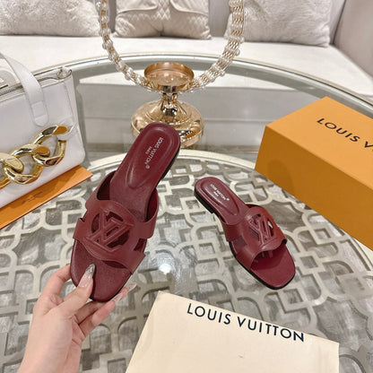 LOUIS VUITTON ISOLA FLAT SLIDE IN JAM RED CALFSKIN