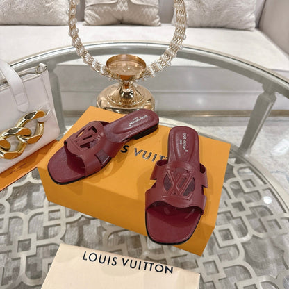 LOUIS VUITTON ISOLA FLAT SLIDE IN JAM RED CALFSKIN