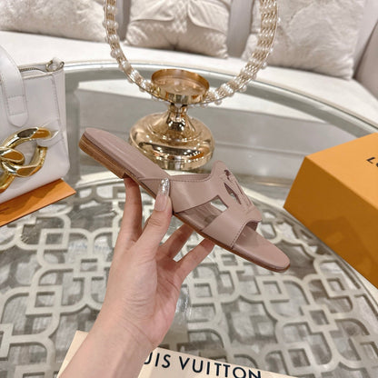 LOUIS VUITTON ISOLA FLAT SLIDE IN DUSTY PINK CALFSKIN