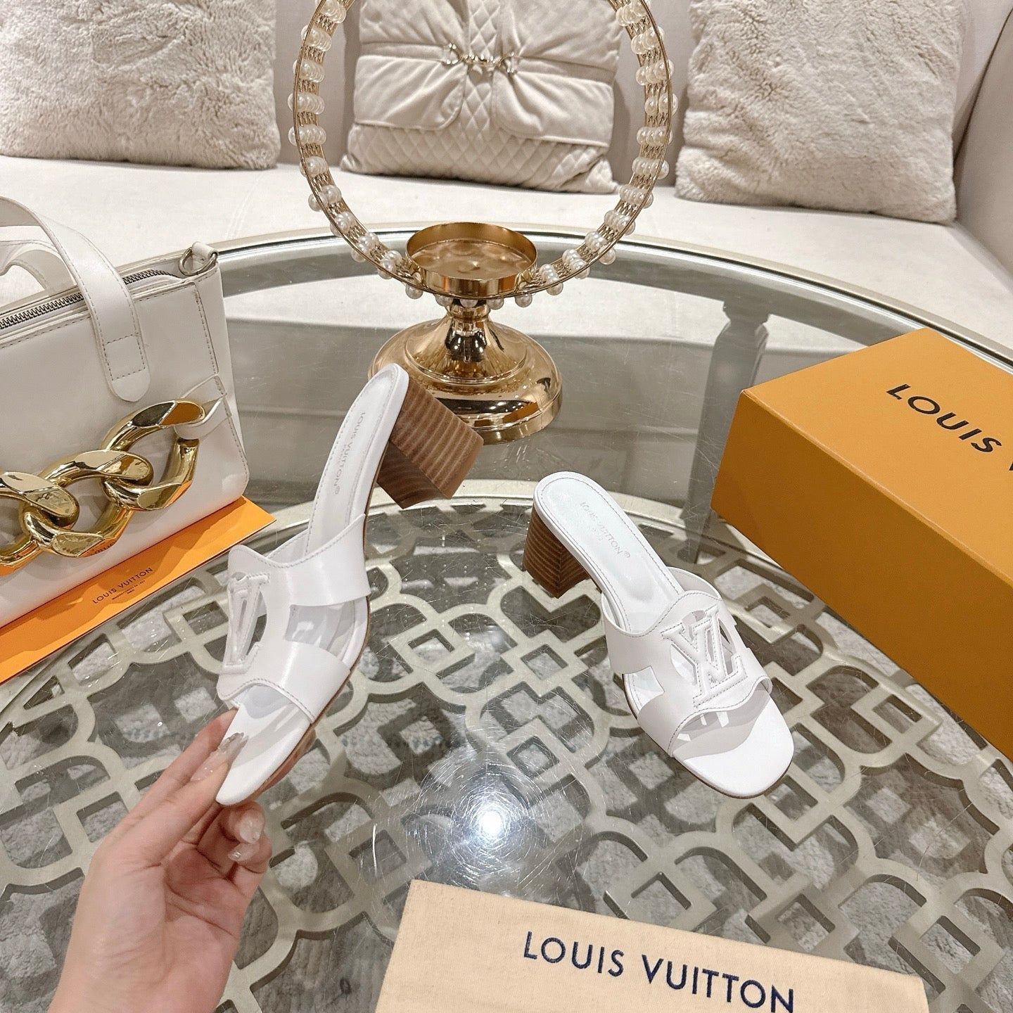 LOUIS VUITTON ISOLA HIGH 55 MM MULE IN WHITE CALFSKIN