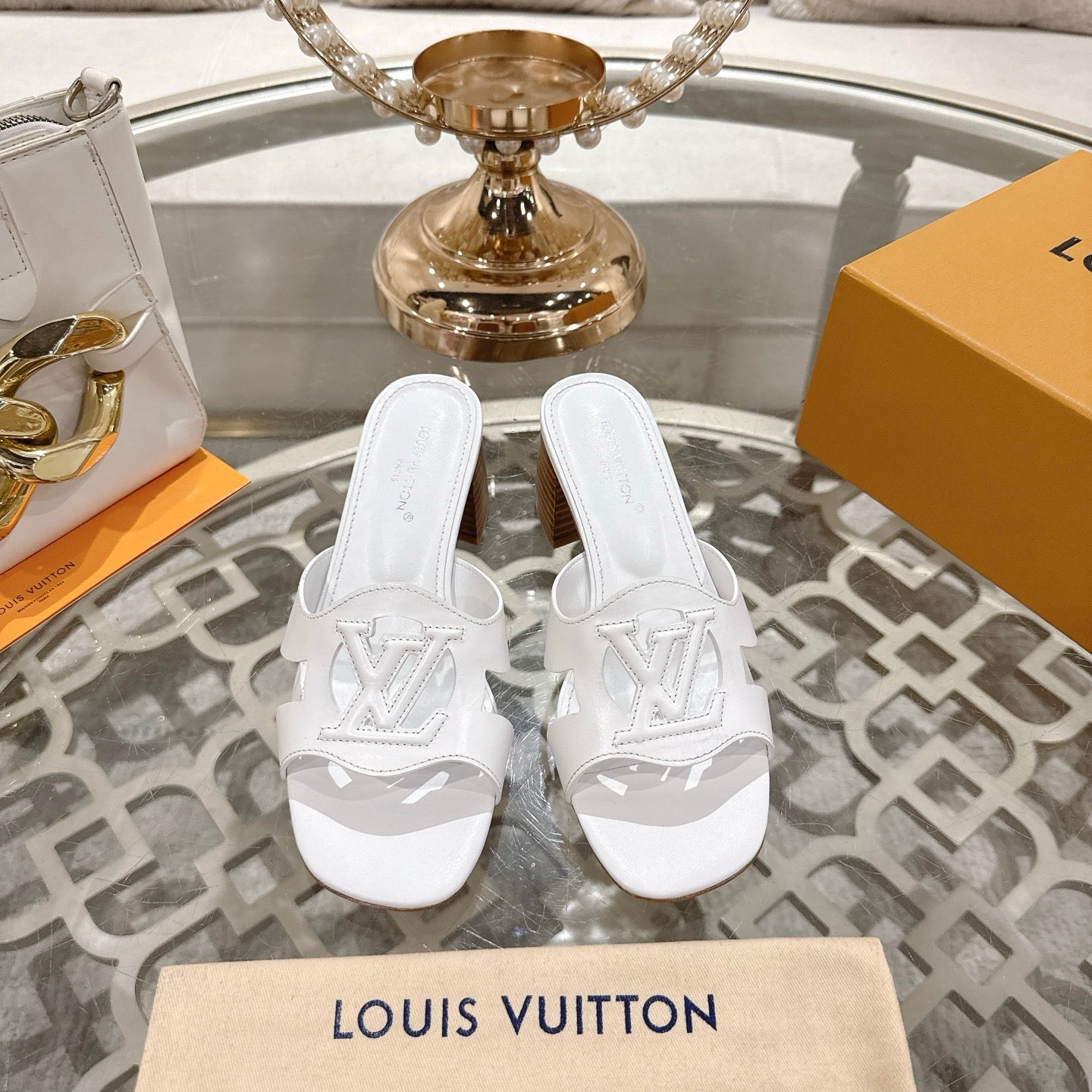 LOUIS VUITTON ISOLA HIGH 55 MM MULE IN WHITE CALFSKIN