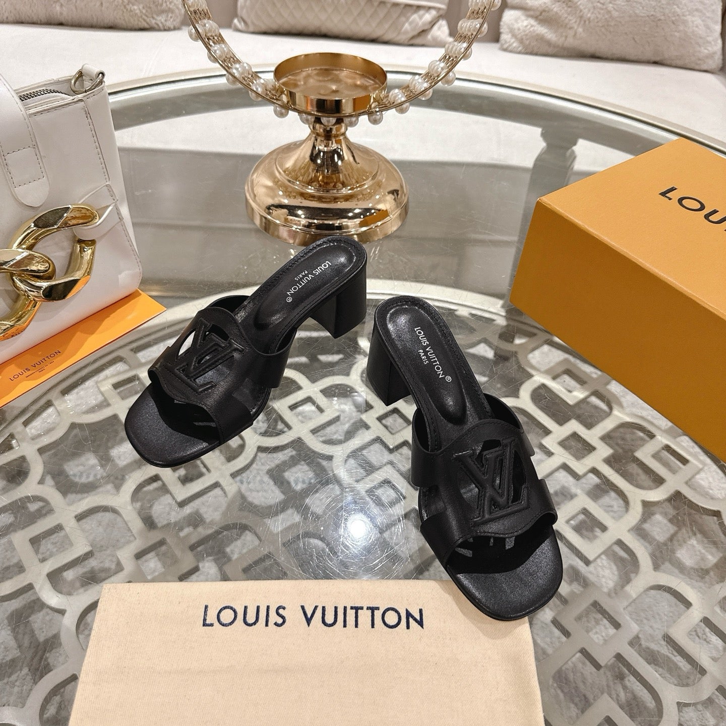 LOUIS VUITTON ISOLA HIGH 55 MM MULE IN BLACK CALFSKIN