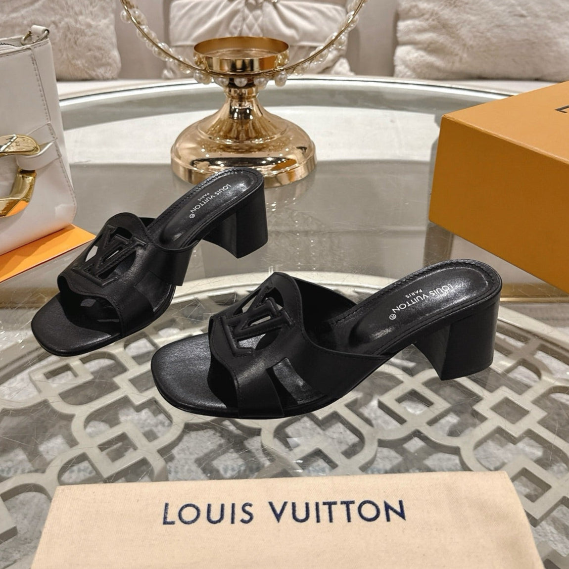 LOUIS VUITTON ISOLA HIGH 55 MM MULE IN BLACK CALFSKIN