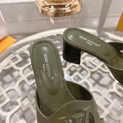 LOUIS VUITTON ISOLA HIGH 55 MM MULE IN ARMY GREEN CALFSKIN