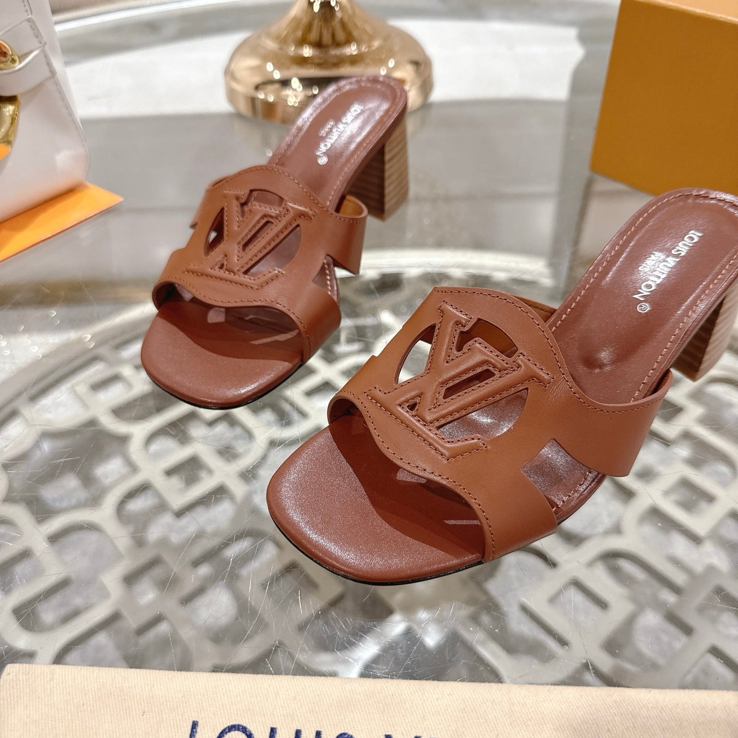 LOUIS VUITTON ISOLA HIGH 55 MM MULE IN PENNY BROWN CALFSKIN