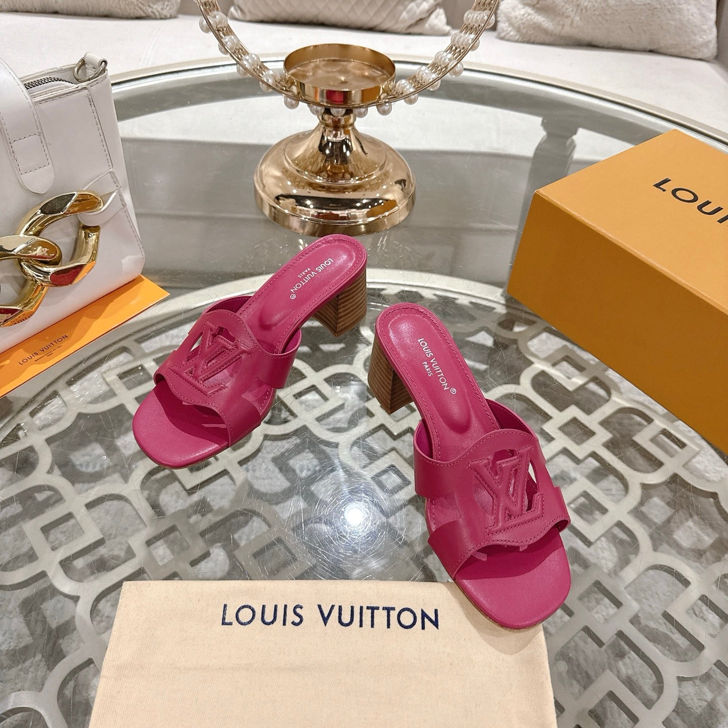 LOUIS VUITTON ISOLA HIGH 55 MM MULE IN DARK PINK CALFSKIN