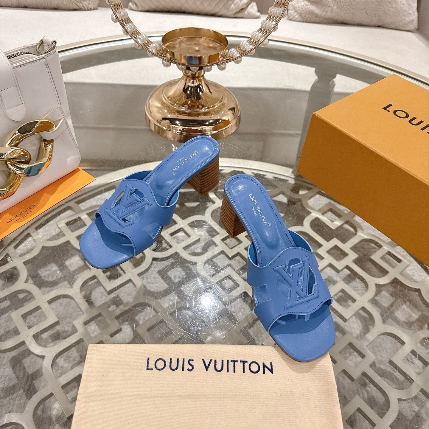 LOUIS VUITTON ISOLA HIGH 55 MM MULE IN CORNFLOWER BLUE CALFSKIN