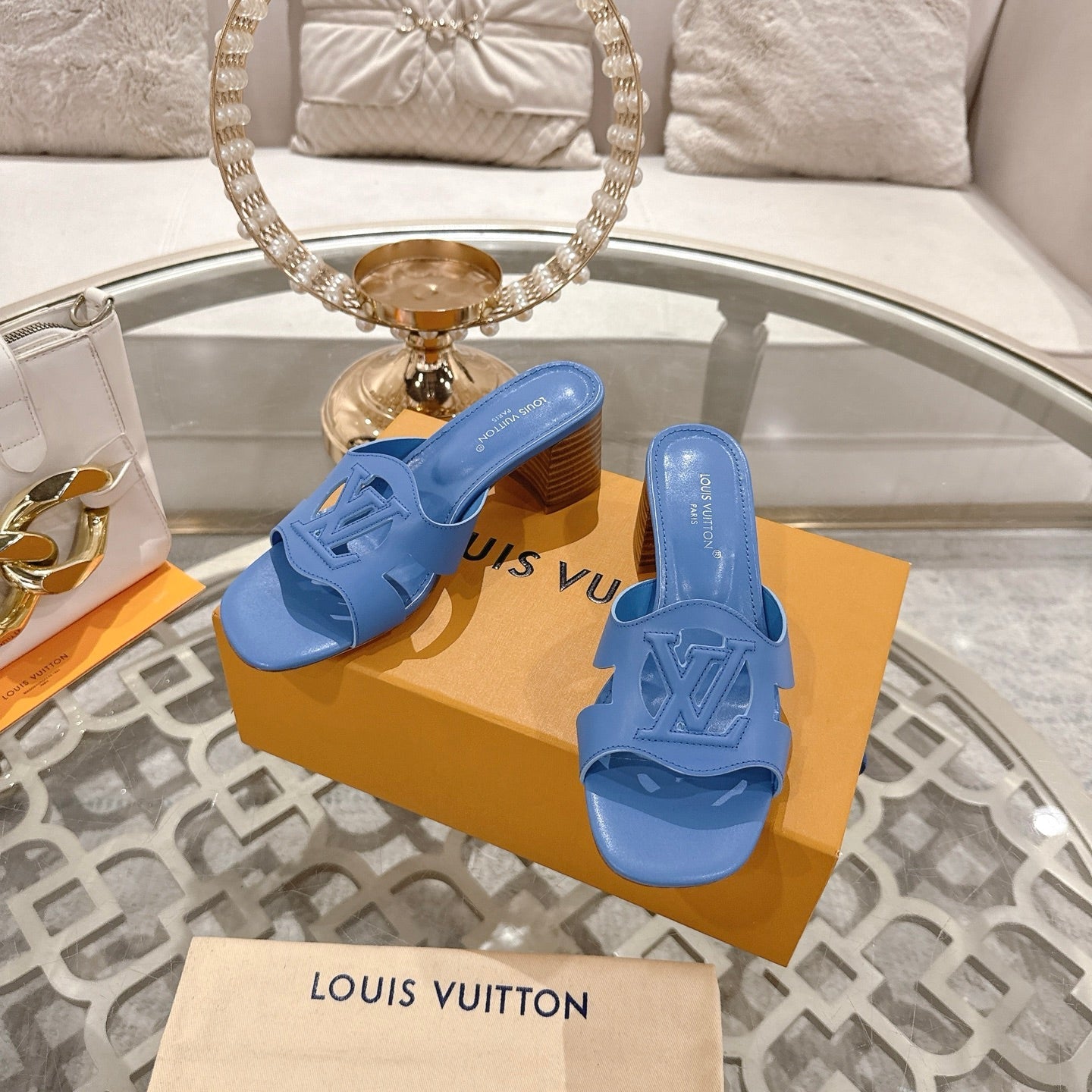 LOUIS VUITTON ISOLA HIGH 55 MM MULE IN CORNFLOWER BLUE CALFSKIN
