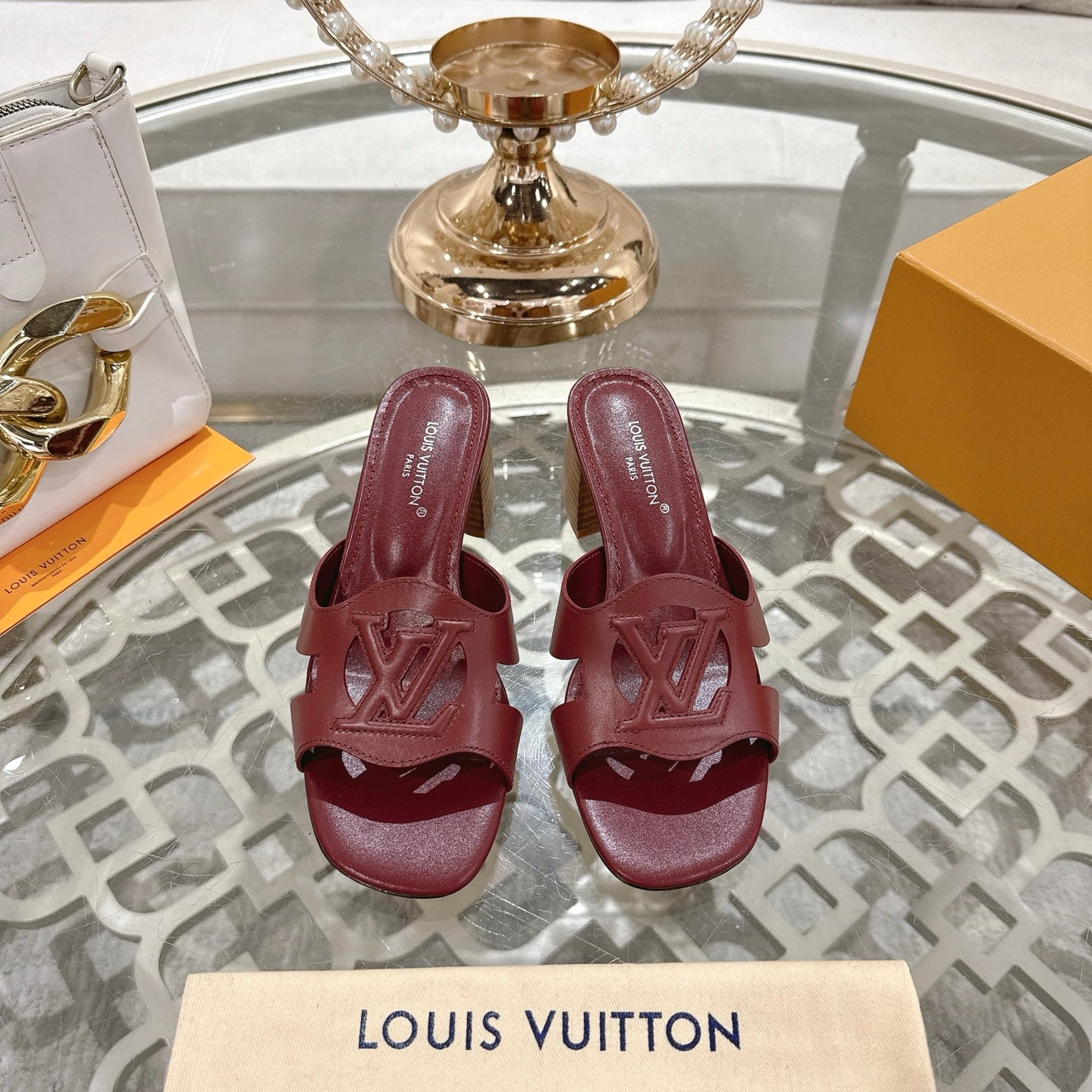 LOUIS VUITTON ISOLA HIGH 55 MM MULE IN JAM RED CALFSKIN