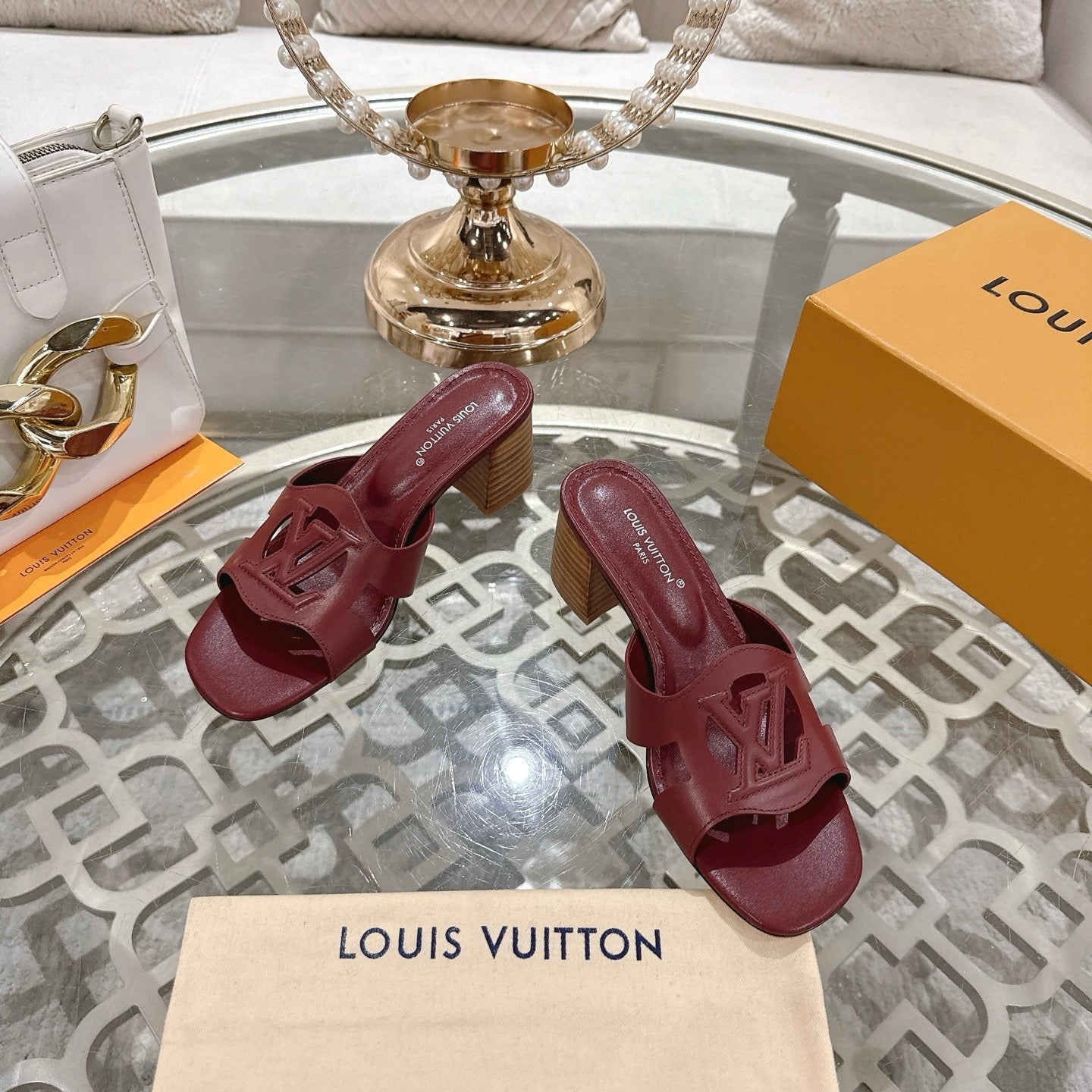LOUIS VUITTON ISOLA HIGH 55 MM MULE IN JAM RED CALFSKIN
