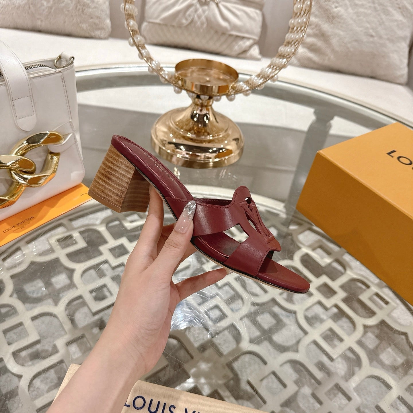 LOUIS VUITTON ISOLA HIGH 55 MM MULE IN JAM RED CALFSKIN