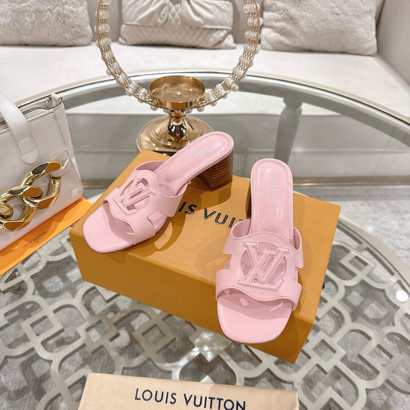 LOUIS VUITTON ISOLA HIGH 55 MM MULE IN PASTEL PINK CALFSKIN