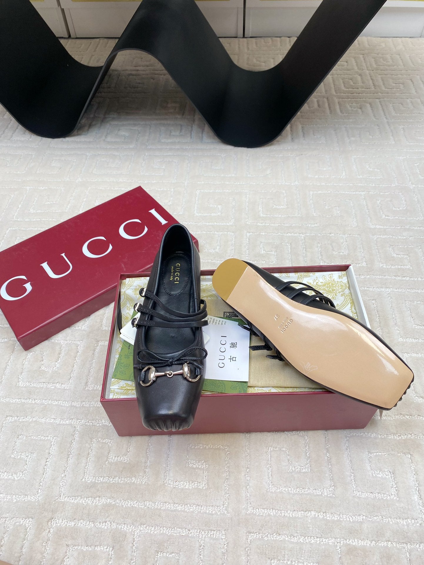 GUCCI BALLET FLAT BLACK HORIZONTAL STRAPS LAMBSKIN