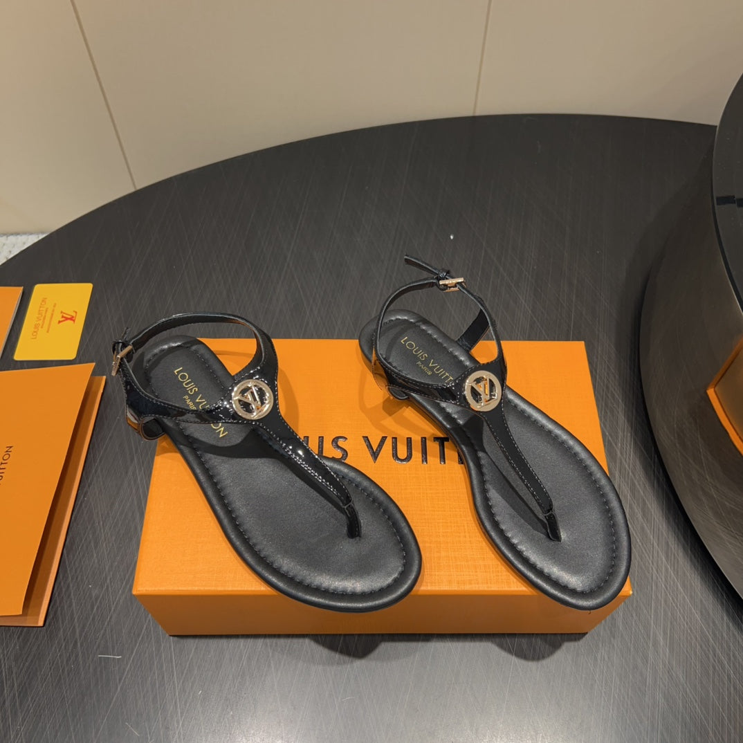 LOUIS VUITTON LV THONG SANDALS 25S IN BLACK CALFSKIN WITH GOLD HARDWARE