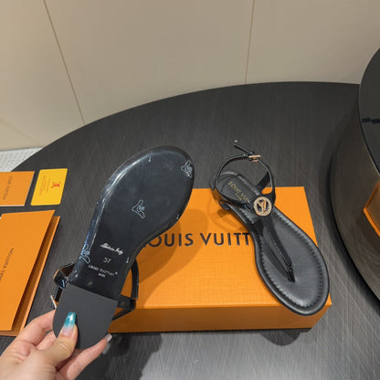 LOUIS VUITTON LV THONG SANDALS 25S IN BLACK CALFSKIN WITH GOLD HARDWARE