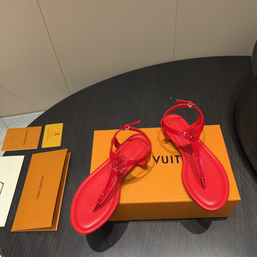 LOUIS VUITTON LV THONG SANDALS 25S IN RED CALFSKIN WITH RED HARDWARE