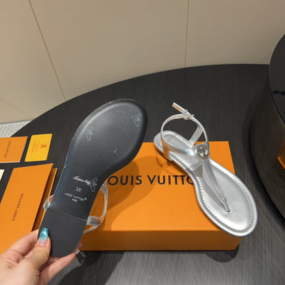 LOUIS VUITTON LV THONG SANDALS 25S IN SILVER CALFSKIN WITH SILVER HARDWARE
