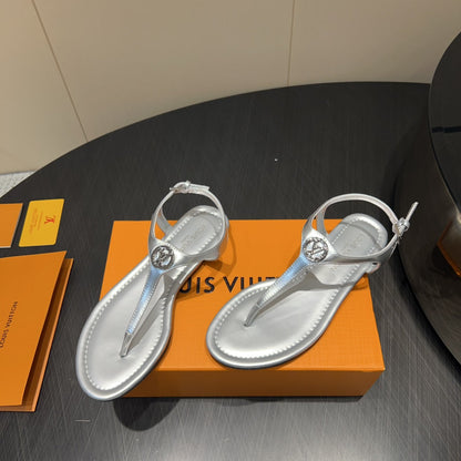 LOUIS VUITTON LV THONG SANDALS 25S IN SILVER CALFSKIN WITH SILVER HARDWARE