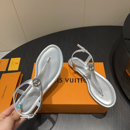 LOUIS VUITTON LV THONG SANDALS 25S IN SILVER CALFSKIN WITH SILVER HARDWARE